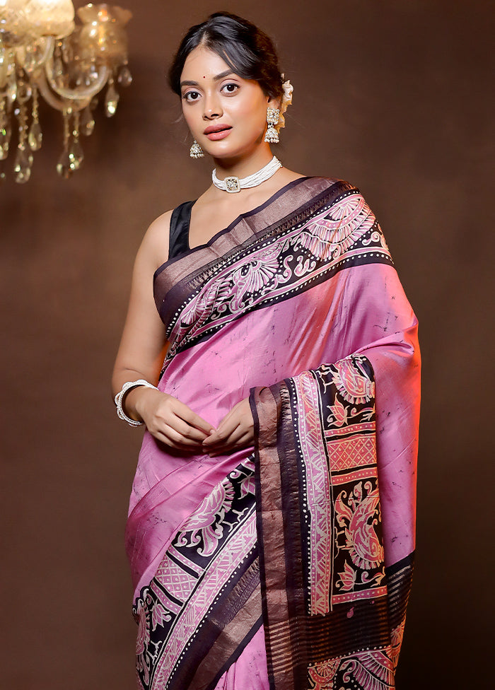 Pink Handloom Printed Pure Silk Saree Without Blouse Piece