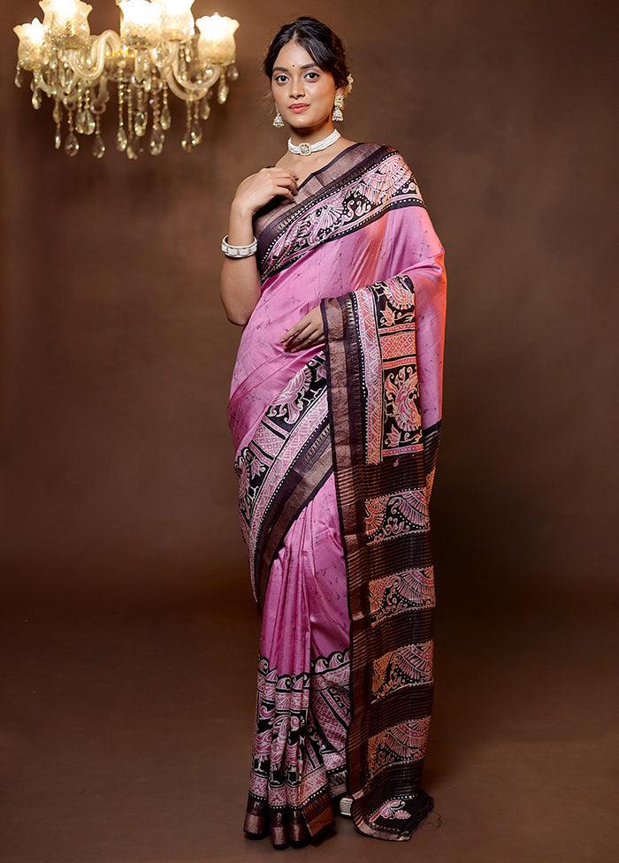 Pink Handloom Printed Pure Silk Saree Without Blouse Piece