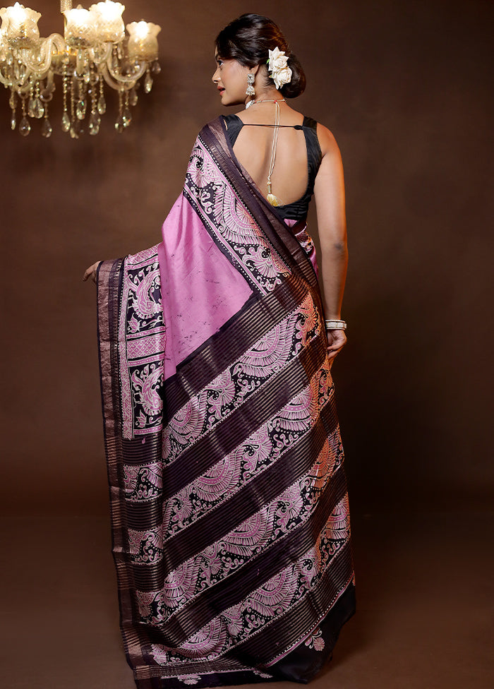 Pink Handloom Printed Pure Silk Saree Without Blouse Piece