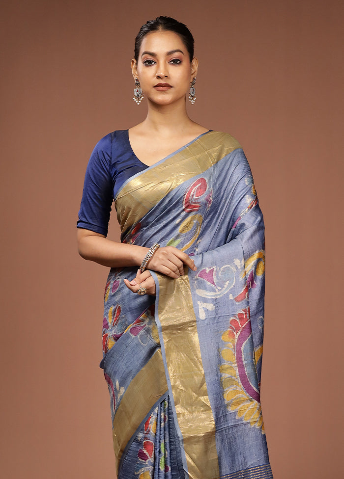 Blue Tussar Silk Saree With Blouse Piece