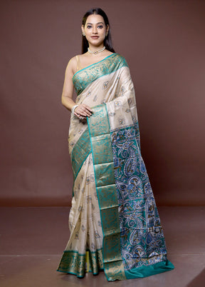 Cream Printed Pure Silk Saree Without Blouse Piece