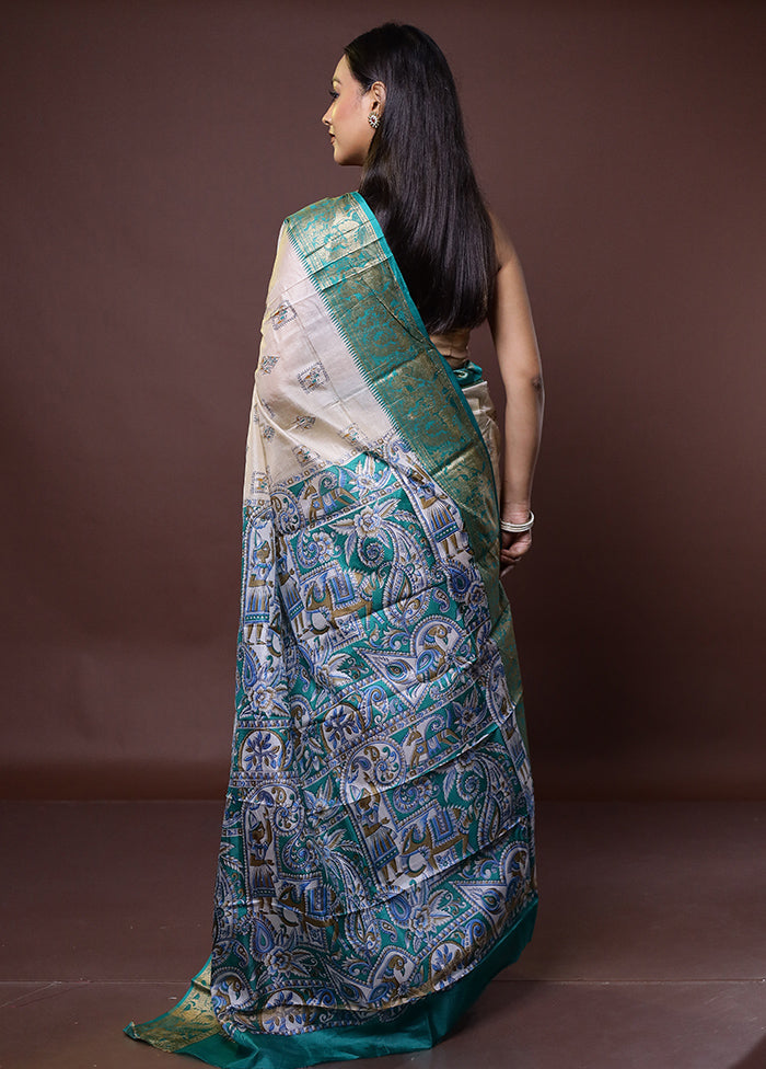 Cream Printed Pure Silk Saree Without Blouse Piece