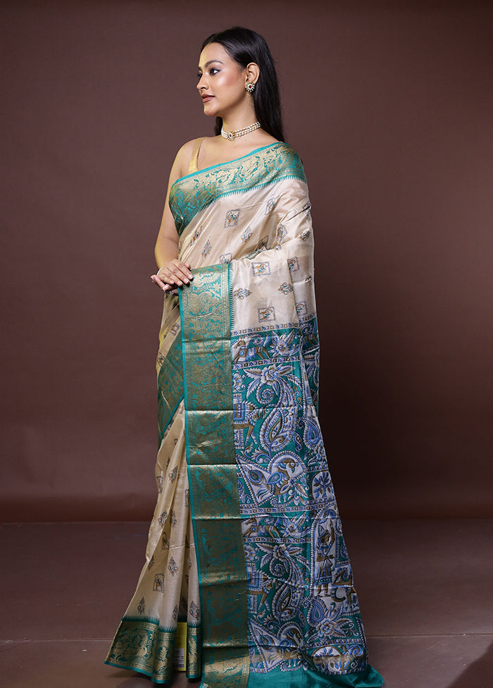 Cream Printed Pure Silk Saree Without Blouse Piece