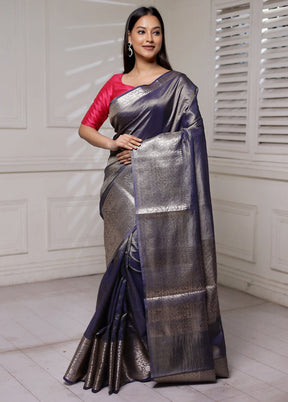 Blue Crushed Tissue Silk Saree With Blouse Piece