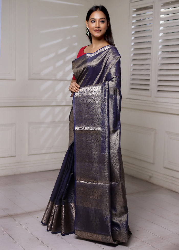 Blue Crushed Tissue Silk Saree With Blouse Piece