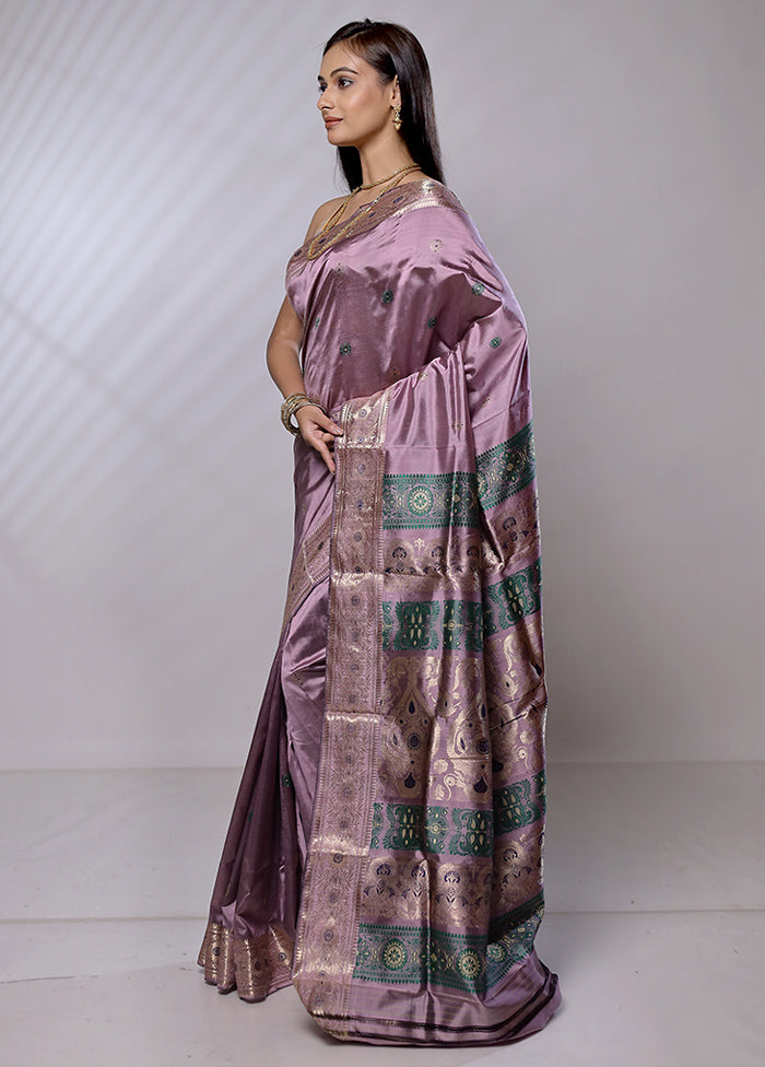 Purple Handloom Baluchari Pure Silk Saree With Blouse Piece