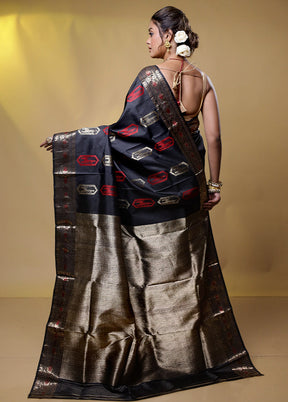 Black Handloom Baluchari Pure Silk Saree With Blouse Piece