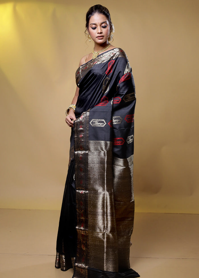 Black Handloom Baluchari Pure Silk Saree With Blouse Piece