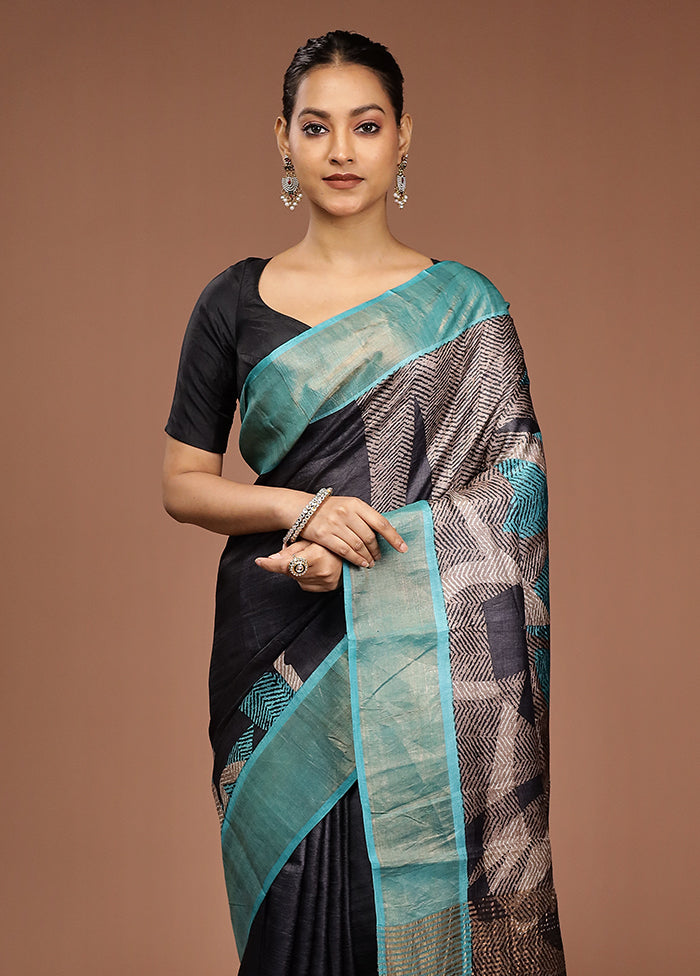 Blue Handloom Tussar Pure Silk Saree With Blouse Piece