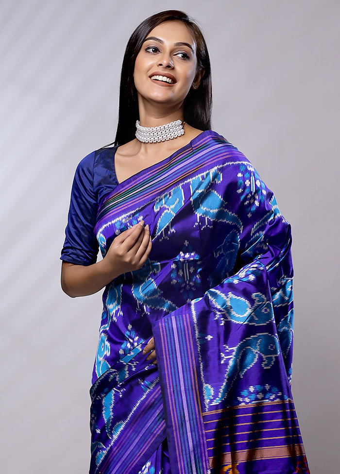 Blue Handloom Ikkat Pure Silk Saree With Blouse Piece - Indian Silk House Agencies