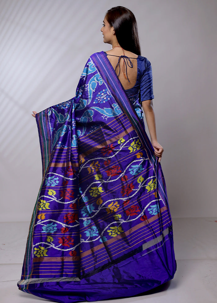 Blue Handloom Ikkat Pure Silk Saree With Blouse Piece