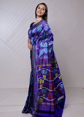 Blue Handloom Ikkat Pure Silk Saree With Blouse Piece - Indian Silk House Agencies