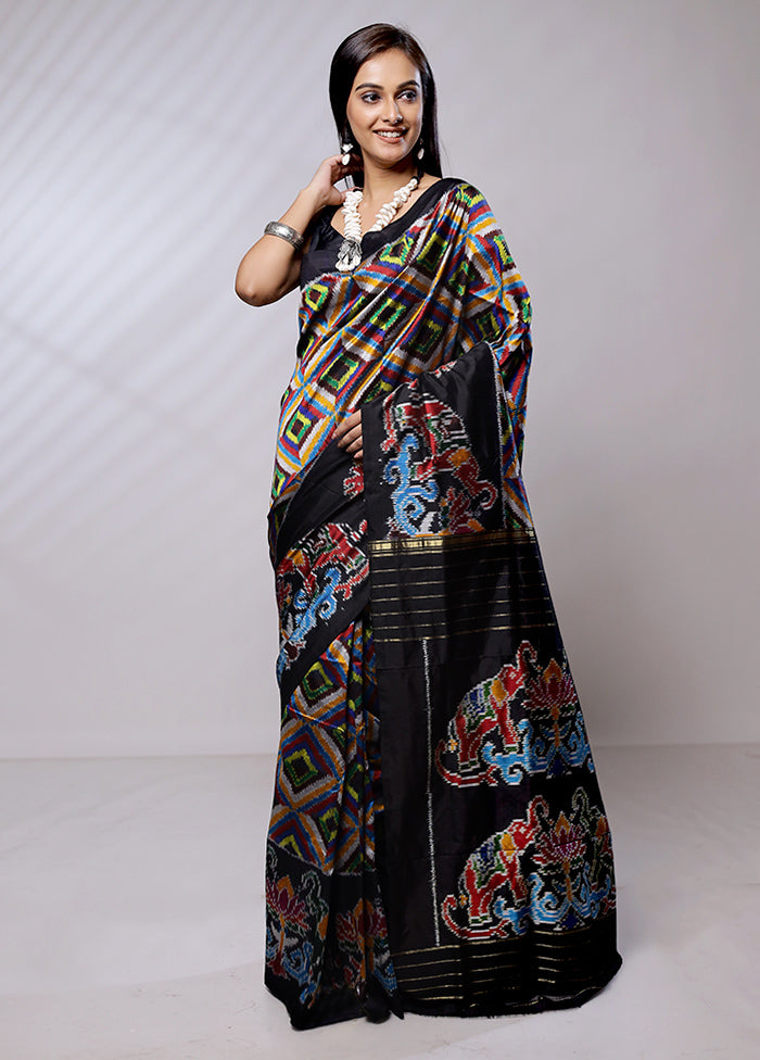 Black Handloom Ikkat Pure Silk Saree With Blouse Piece - Indian Silk House Agencies