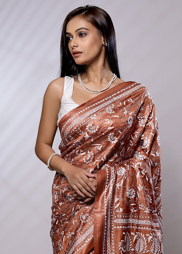 Brown Handloom Kantha Stitch Pure Silk Saree With Blouse Piece