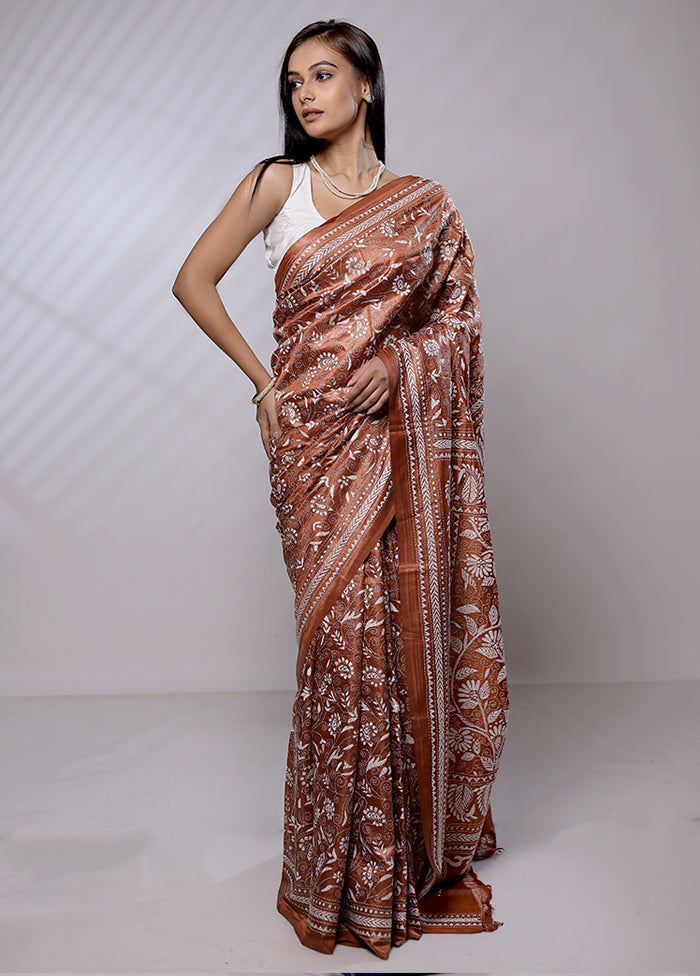 Brown Handloom Kantha Stitch Pure Silk Saree With Blouse Piece