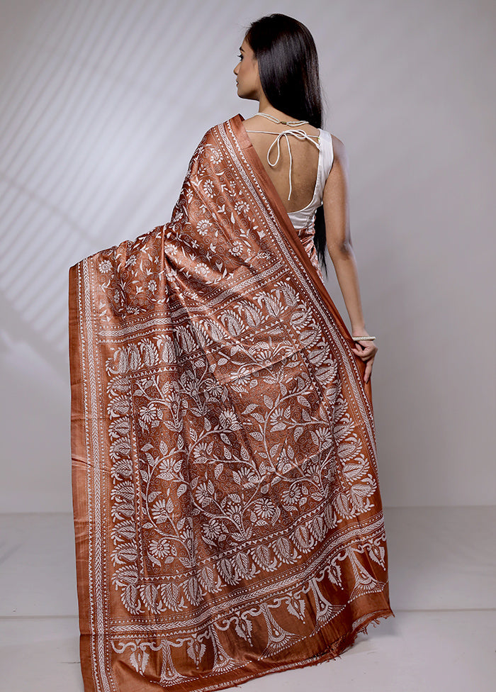 Brown Handloom Kantha Stitch Pure Silk Saree With Blouse Piece