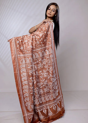 Brown Handloom Kantha Stitch Pure Silk Saree With Blouse Piece - Indian Silk House Agencies