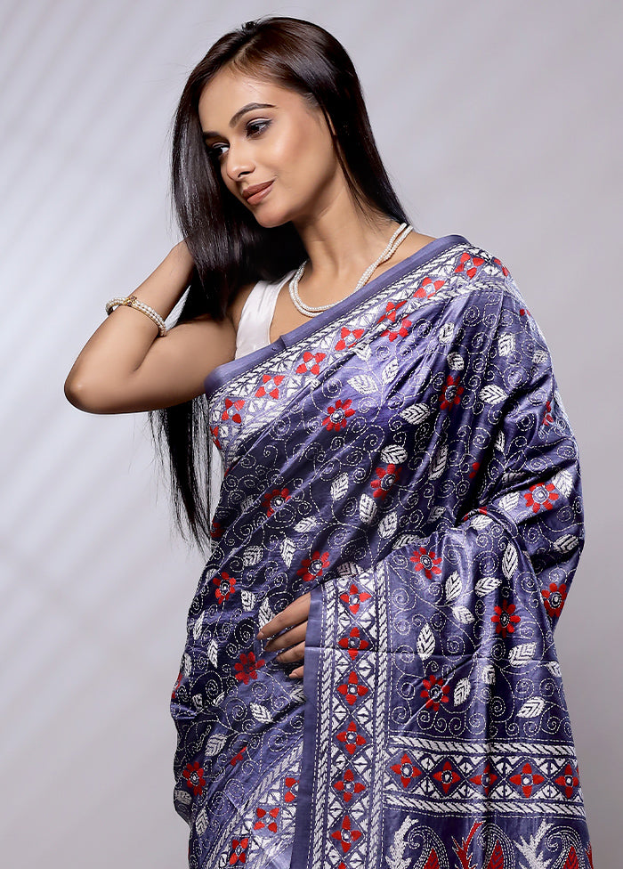 Blue Handloom Kantha Stitch Pure Silk Saree With Blouse Piece