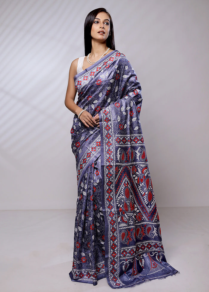 Blue Handloom Kantha Stitch Pure Silk Saree With Blouse Piece