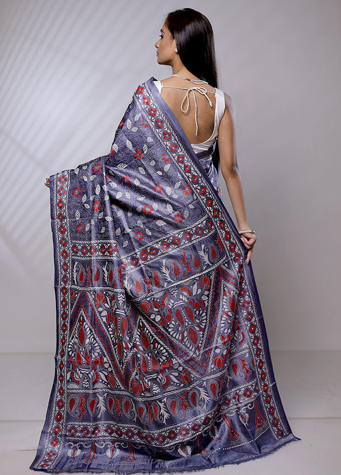 Blue Handloom Kantha Stitch Pure Silk Saree With Blouse Piece