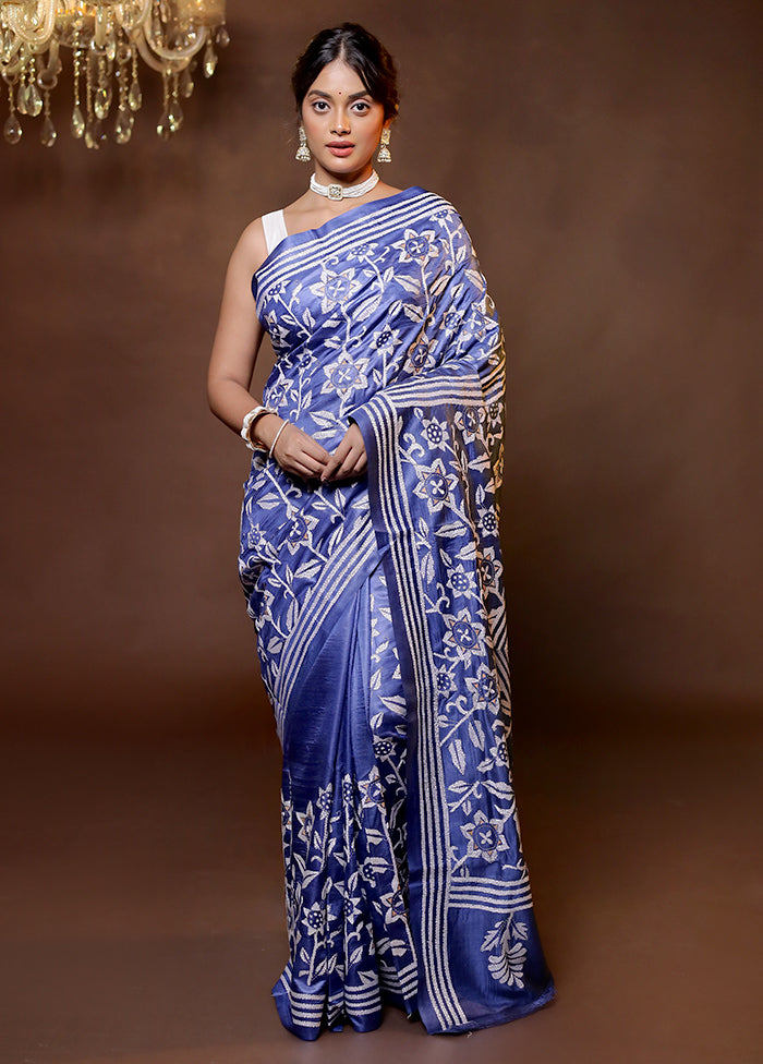 Blue Handloom Kantha Stitch Pure Silk Saree With Blouse Piece