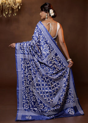 Blue Handloom Kantha Stitch Pure Silk Saree With Blouse Piece