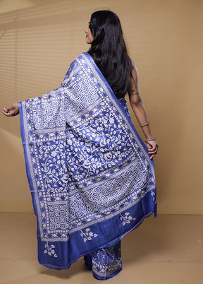 Blue Handloom Kantha Stitch Pure Silk Saree With Blouse Piece