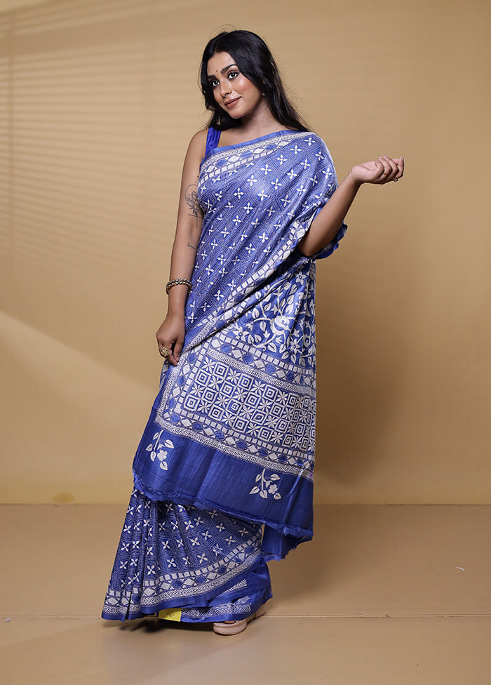 Blue Handloom Kantha Stitch Pure Silk Saree With Blouse Piece