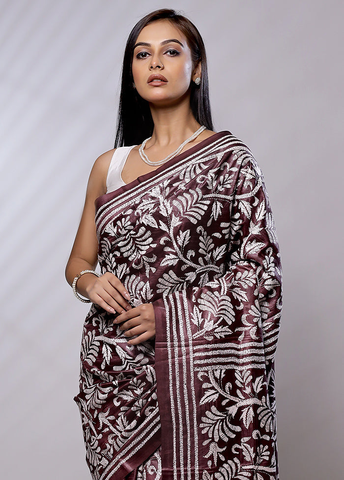 Maroon Handloom Kantha Stitch Pure Silk Saree With Blouse Piece - Indian Silk House Agencies