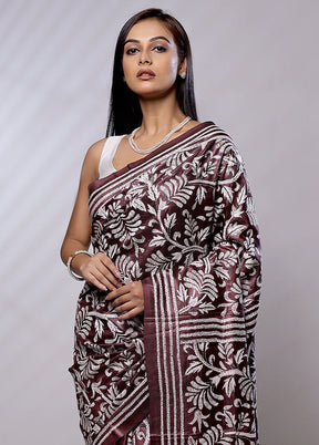 Maroon Handloom Kantha Stitch Pure Silk Saree With Blouse Piece