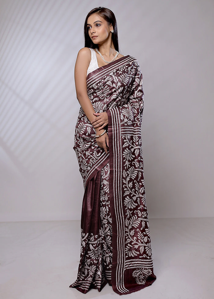 Maroon Handloom Kantha Stitch Pure Silk Saree With Blouse Piece