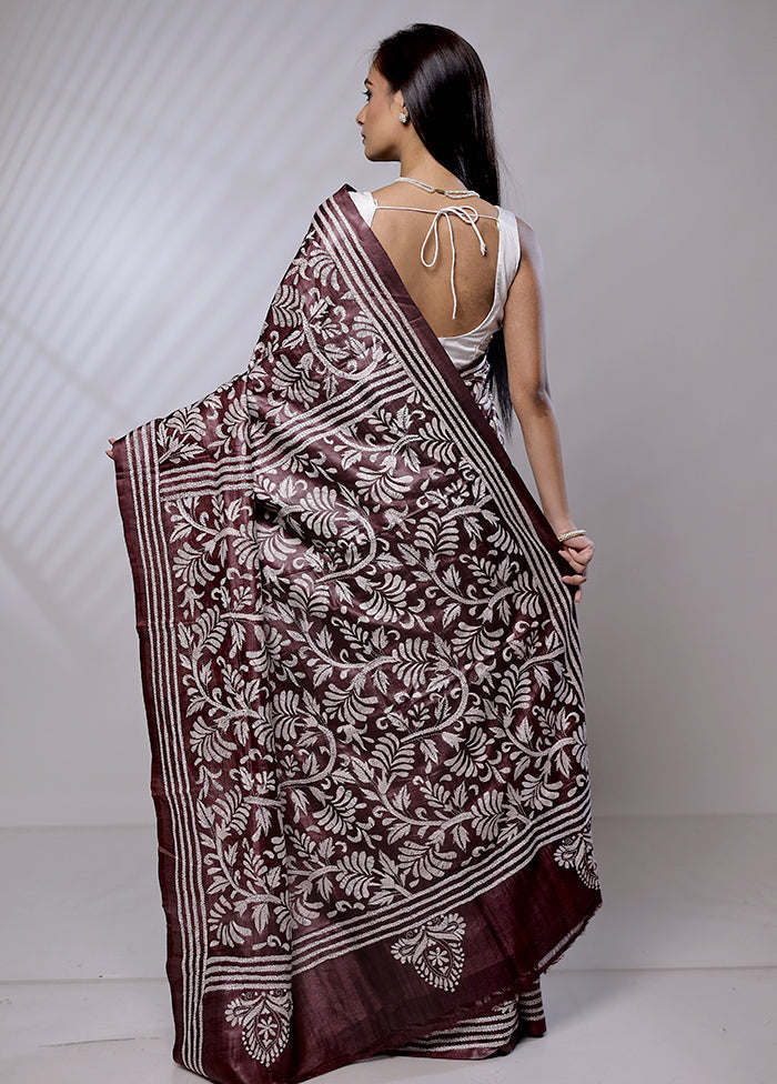 Maroon Handloom Kantha Stitch Pure Silk Saree With Blouse Piece - Indian Silk House Agencies