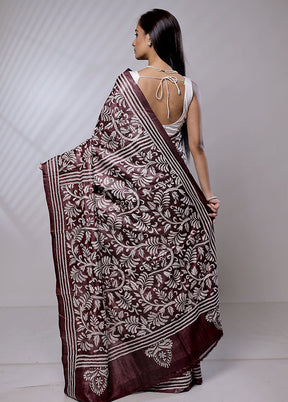 Maroon Handloom Kantha Stitch Pure Silk Saree With Blouse Piece