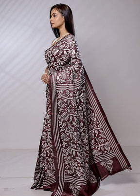 Maroon Handloom Kantha Stitch Pure Silk Saree With Blouse Piece