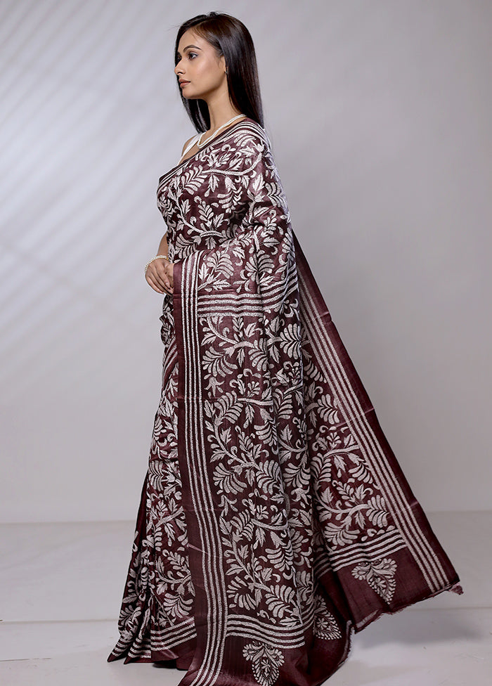 Maroon Handloom Kantha Stitch Pure Silk Saree With Blouse Piece - Indian Silk House Agencies