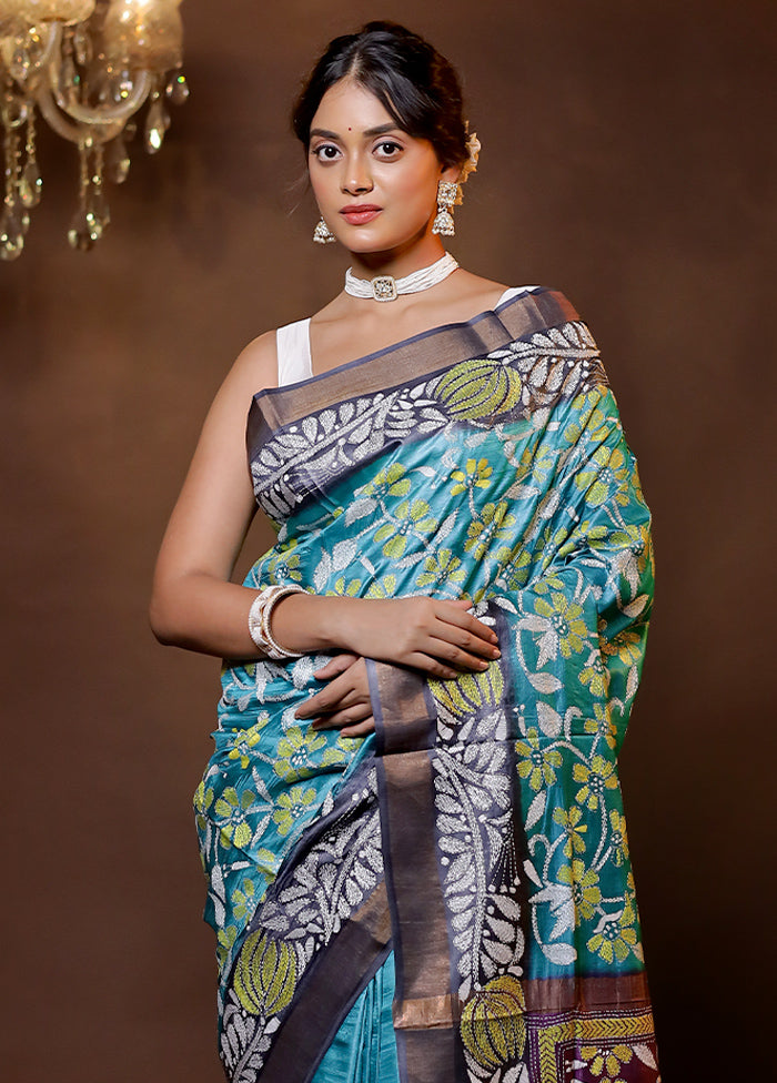 Green Handloom Kantha Stitch Pure Silk Saree With Blouse Piece