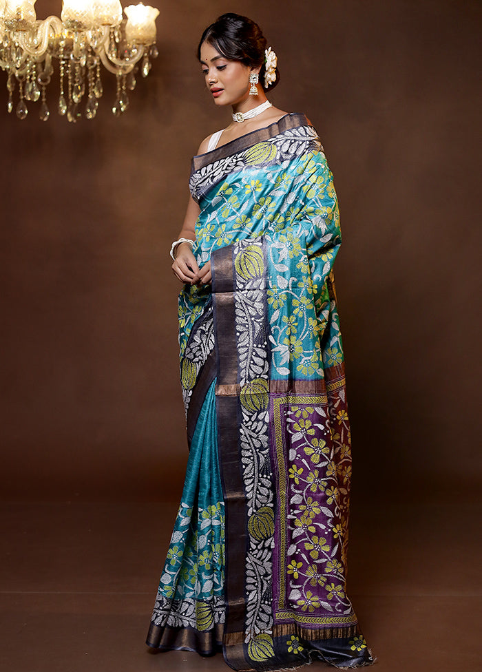 Green Handloom Kantha Stitch Pure Silk Saree With Blouse Piece