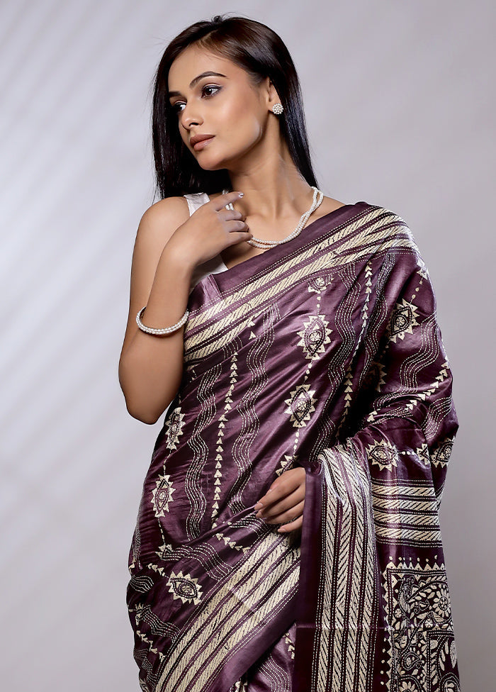 Purple Handloom Kantha Stitch Pure Silk Saree With Blouse Piece