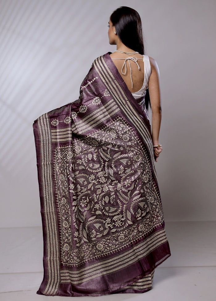 Purple Handloom Kantha Stitch Pure Silk Saree With Blouse Piece