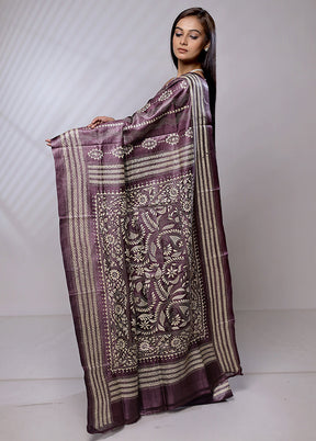 Purple Handloom Kantha Stitch Pure Silk Saree With Blouse Piece