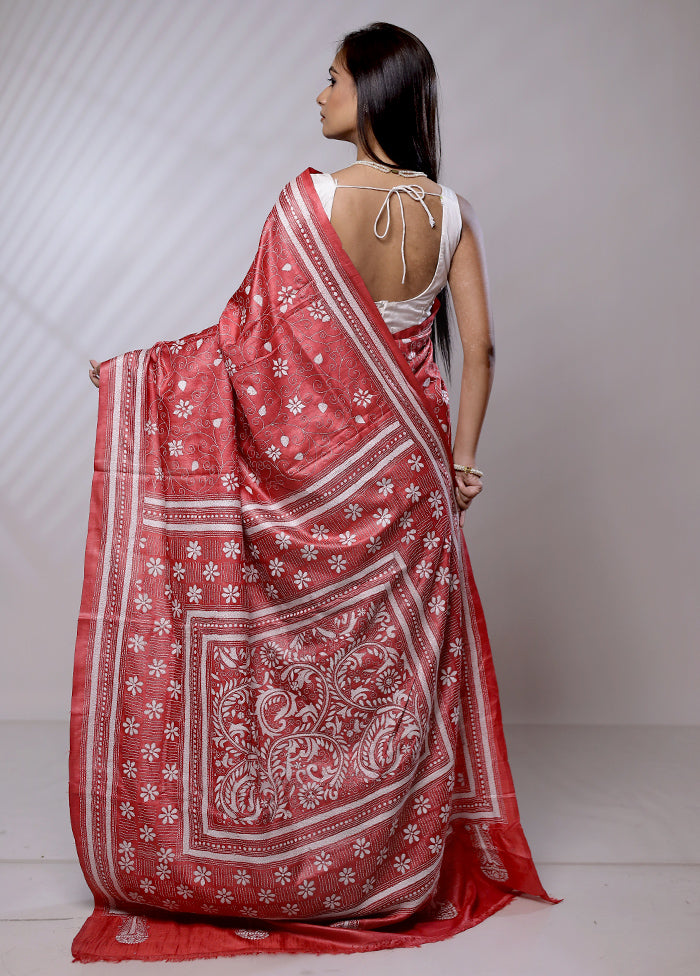 Pink Handloom Kantha Stitch Pure Silk Saree With Blouse Piece