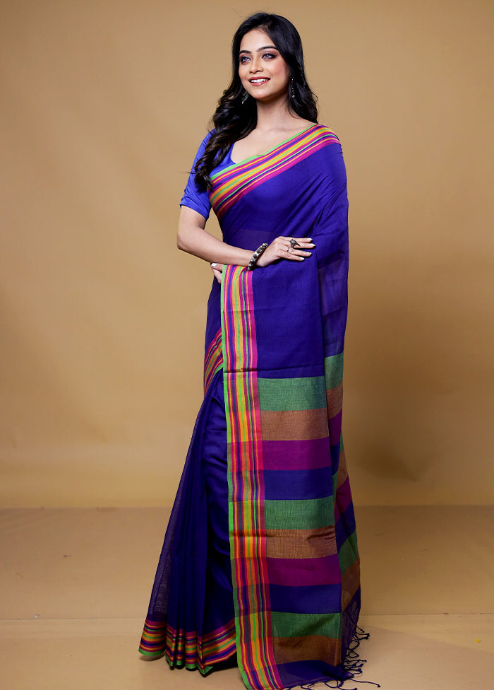 Blue Khadi Cotton Saree With Blouse Piece