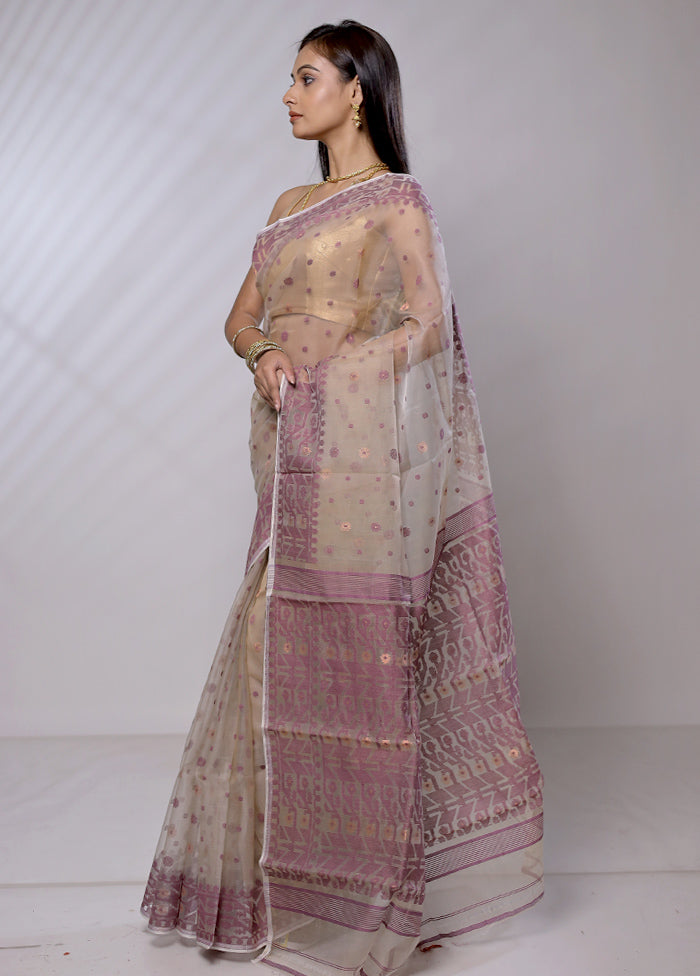 Cream Pure Tant Jamdani Saree Without Blouse Piece - Indian Silk House Agencies