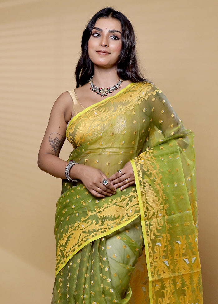 Green Pure Tant Jamdani Saree Without Blouse Piece