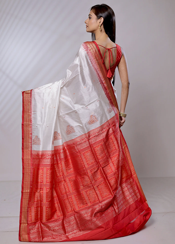 White Handloom Bomkai Pure Silk Saree With Blouse Piece - Indian Silk House Agencies