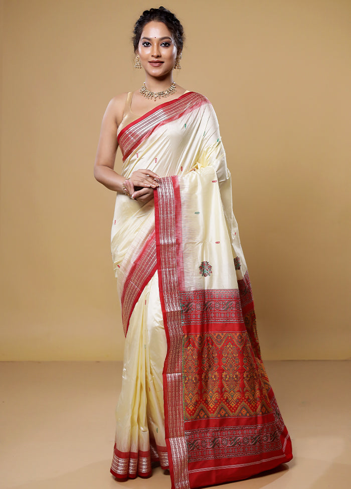 Cream Handloom Bomkai Pure Silk Saree With Blouse Piece