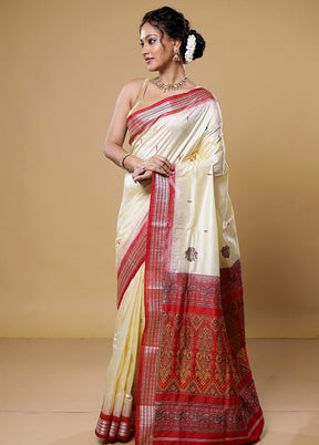 Cream Handloom Bomkai Pure Silk Saree With Blouse Piece