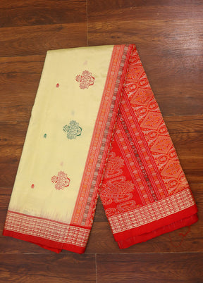 Cream Handloom Bomkai Pure Silk Saree With Blouse Piece