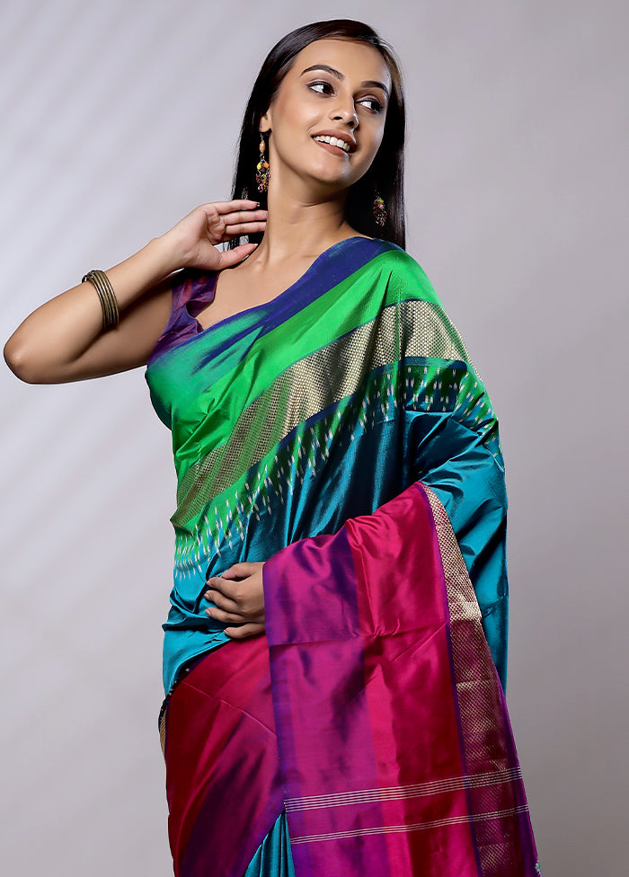 Green Handloom Ikkat Pure Silk Saree With Blouse Piece