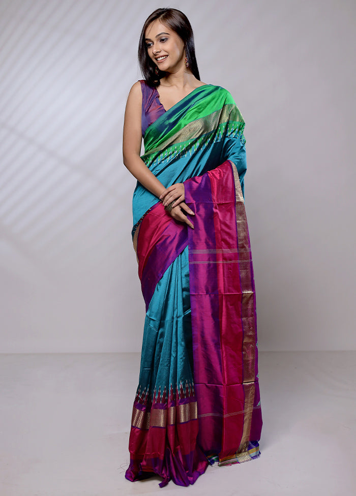 Green Handloom Ikkat Pure Silk Saree With Blouse Piece